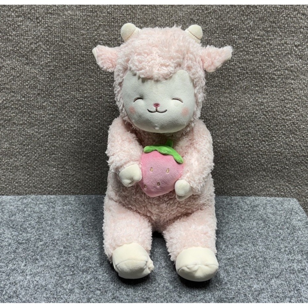 Miniso Pink Lazy Sleepy Blossom Plush Sheep Lamb 14"  Holding Strawberry